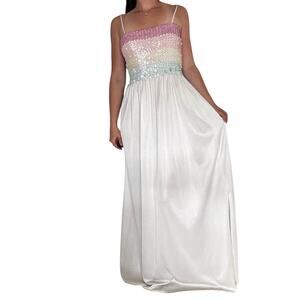 Vintage Y2K Pastel Sequin White Gown Ombre Prom Maxi Dress 14 Polyester